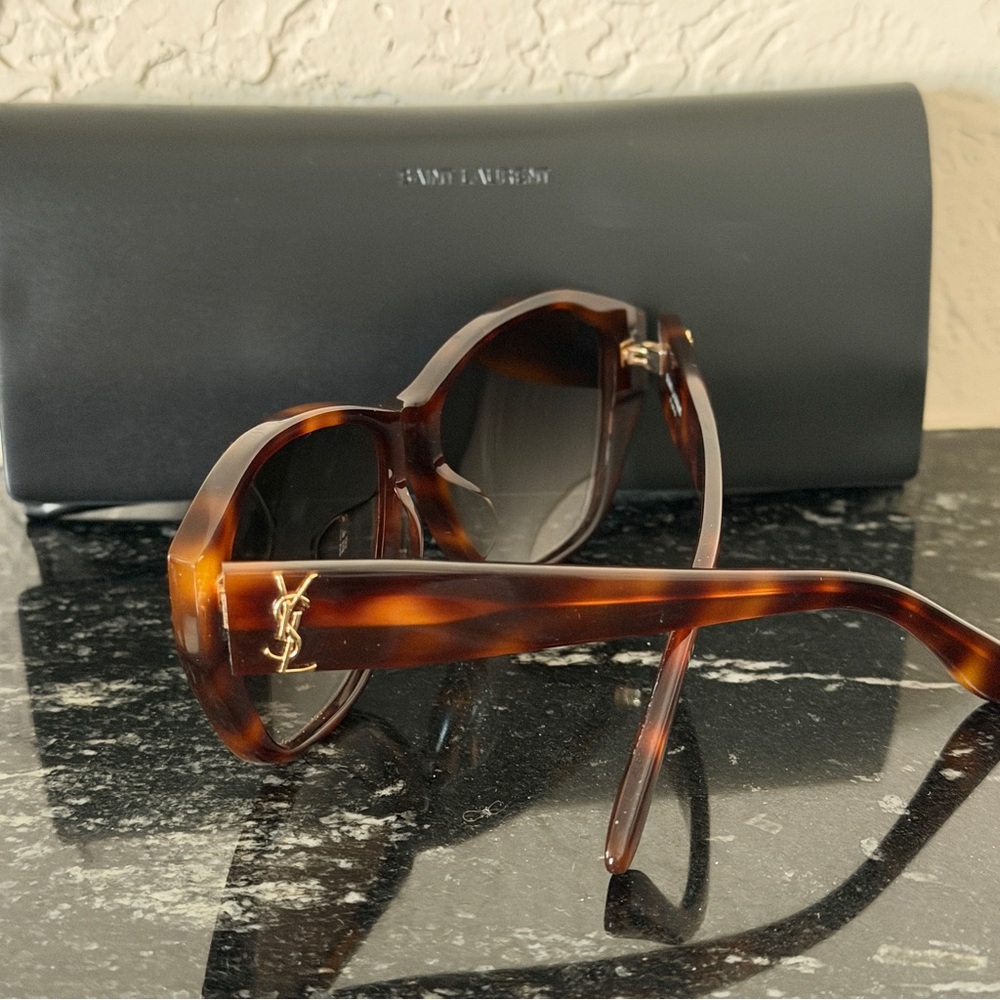 Saint Laurent YSL Havana geometric brown tortoise sunglasses with case